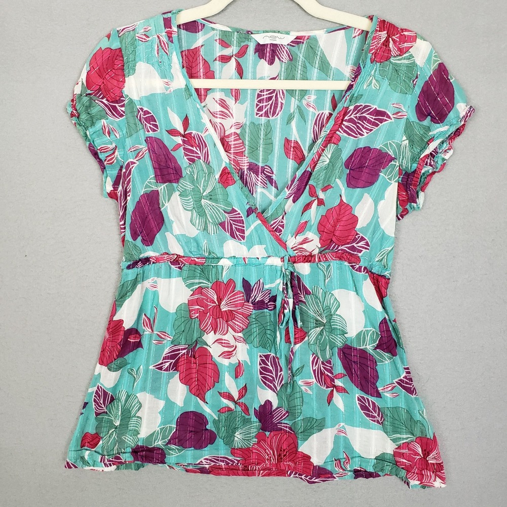 Y2K Wrap Front Babydoll Blouse Teal Blue Tropical Hibiscus Hawaiian Soft Girl‎ M